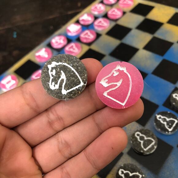 Painted Chess Set - Blu Yellow Mix (Pink Pieces) - Picture 4 of 10